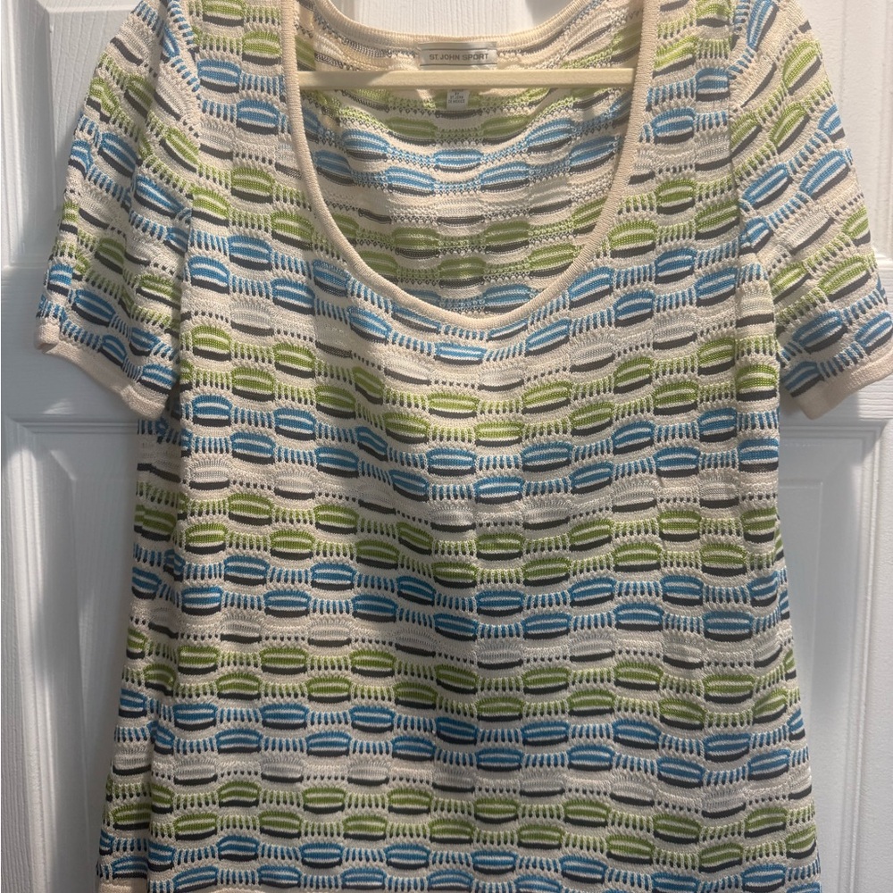 Scoop Neck Knit Top in Cream with Blue & Green Stripes
